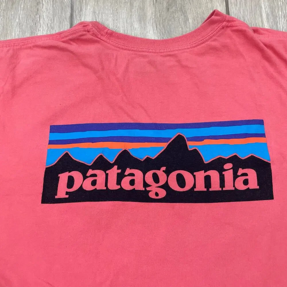 Patagonia P-6 Logo Pocket T Shirt Men's Large Coral Pink Organic Cotton Tee
